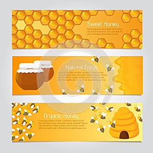 Honey banners. Cute cartoon honeybees with beehive. Vector set