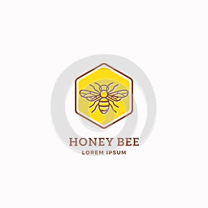 Honey Bee Abstract Vector Sign, Symbol or Logo Template. Line Style Bee Sillhouette with Retro Typography. Creative