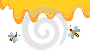 Honey and bee background, banner. Honey flows, bees fly. Vector illustration