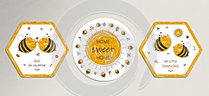 Honey bee backgrounds, cute greeteng cards, sweet posters prints. Love messages for baby, sweet home. Vector illustration