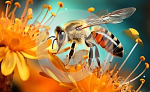 Honey bee and beautiful orange flower, spring summer season. Wild nature landscape. Beauty in Nature