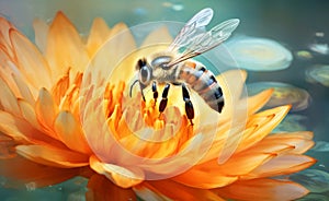 Honey bee and beautiful orange flower, spring summer season. Wild nature landscape. Beauty in Nature