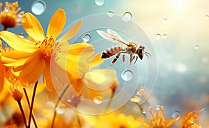 Honey bee and beautiful orange flower, spring summer season. Wild nature landscape. Beauty in Nature