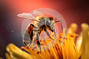 Honey bee and beautiful yellow flower, spring summer season, Wild nature landscape, banner, beauty in Nature