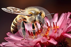 Honey bee and beautiful yellow flower, spring summer season, Wild nature landscape, banner, beauty in Nature