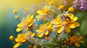 Honey bee and beautiful yellow flower, spring summer season, Wild nature landscape, banner, beauty in Nature