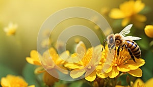 Honey bee and beautiful yellow flower, spring summer season, Wild nature landscape, banner, beauty in Nature - ai generated