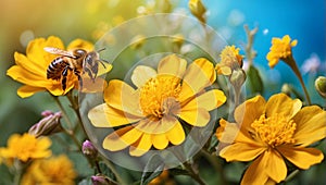 Honey bee and beautiful yellow flower, spring summer season, Wild nature landscape, banner, beauty in Nature - ai generated