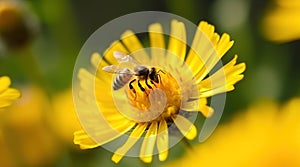 Honey bee and beautiful yellow flower, spring summer season, Wild nature landscape, banner, beauty in Nature generative ai