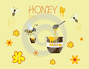 Honey bee cartoon jar vector happy yellow flower icon design