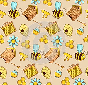 Honey bee cartoon seamless vector pattern