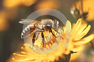Honey bee closeup on flower. Generate Ai