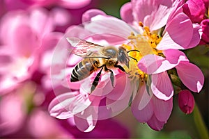 Honey bee collecting nectar from dandelion flower.