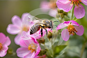 Honey bee collecting nectar from dandelion flower.