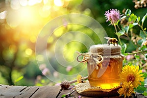 Honey Bee Collecting Nectar From a Jar Amidst Pink and Yellow Flowers at Sunset