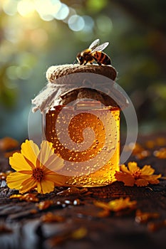 Honey Bee Collecting Nectar From a Jar Amidst Pink and Yellow Flowers at Sunset