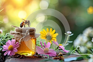 Honey Bee Collecting Nectar From a Jar Amidst Pink and Yellow Flowers at Sunset