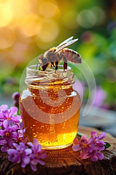 Honey Bee Collecting Nectar From a Jar Amidst Pink and Yellow Flowers at Sunset