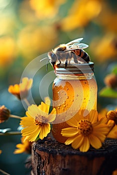 Honey Bee Collecting Nectar From a Jar Amidst Pink and Yellow Flowers at Sunset