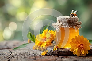 Honey Bee Collecting Nectar From a Jar Amidst Pink and Yellow Flowers at Sunset