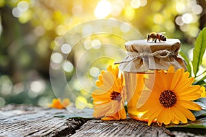 Honey Bee Collecting Nectar From a Jar Amidst Pink and Yellow Flowers at Sunset