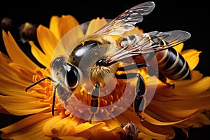 Honey bee collecting nectar from a yellow wildflower close-up macro shot, Generative AI