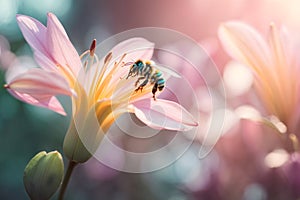 Honey bee collecting pollen from pink lily flower in the garden