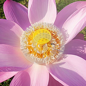 A honey bee collecting pollen on pink lotus flower