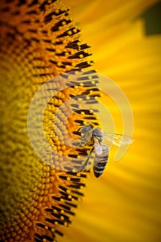 Honey bee collects nectar on a sunflower
