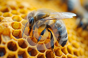 Honey bee collects pollen from flower, close up of insect, beekeeping or apiculture