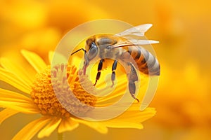 Honey bee collects pollen from flower, close up of insect, beekeeping or apiculture