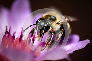 Honey bee collects pollen and nectar on flower, honeybee macro view, generative AI