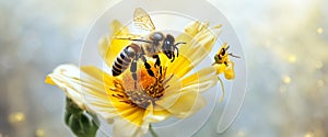 Honey bee collects pollen from vibrant yellow flower. banner design