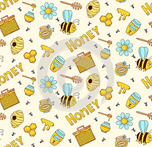 Honey bee colorful seamless vector pattern