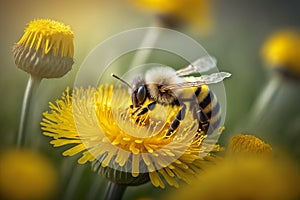 Honey bee covered collecting nectar from dandelion flower, Generative AI