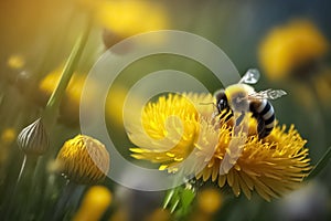 Honey bee covered collecting nectar from dandelion flower. generative AI