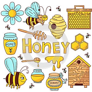 Honey bee doodle colorful icons vector set