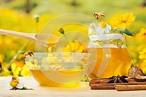 Honey with bee and flower background