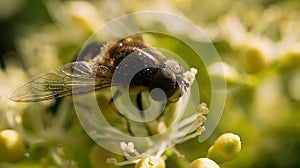 Honey bee on a flower collecting nectar. Macro shot in summer sunshine