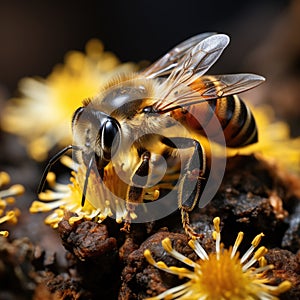 Honey bee fly in the garden with flower and nectar