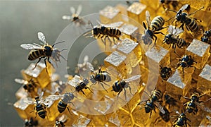 A honey bee is flying over a honeycomb with other honey bees.