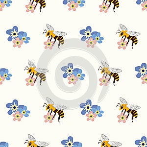 Honey bee and Forget-me-not flower vector seamless pattern background. Flying insect and pretty blue pink florals