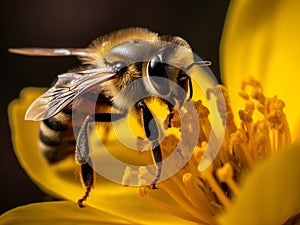 Honey bee harvesting polen from a flower macro close-up