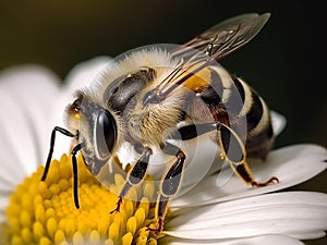 Honey bee harvesting polen from a flower macro close-up