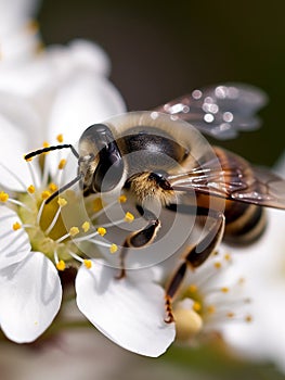 Honey bee harvesting polen from a flower macro close-up