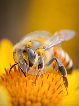 Honey bee harvesting polen from a flower macro close-up