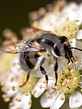 Honey bee harvesting polen from a flower macro close-up