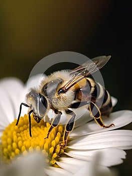 Honey bee harvesting polen from a flower macro close-up