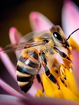 Honey bee harvesting polen from a flower macro close-up