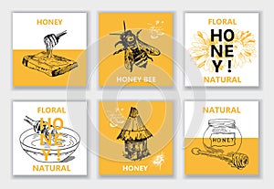 Honey, Bee, Hive. Vector illustration emblem or logo